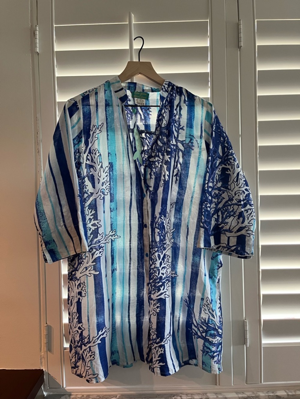 Antica Sartoria Blue & Aqua Striped Coral Print Cover-Up Shirt